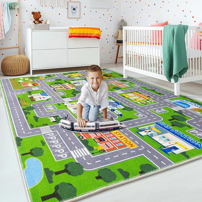 Car Rug Play Mat for Kids Toy Cars, City Road Traffic Playmat for Kid Bedroom, Non-Slip Machine Washable Kids Rugs for Learn and Have Fun 4'x5'/ 48"x60", Green