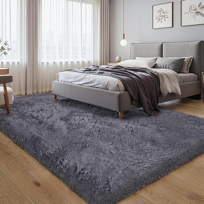 KICHOWUA Thick Area Rug Grey Fluffy Shag 3x5 for Bedroom, Ultra Soft Plush Fuzzy Washable Throw Carpet, Modern Non Slip Cozy Furry Shaggy Rug for Living Room Kids Baby Nursery College Dorm