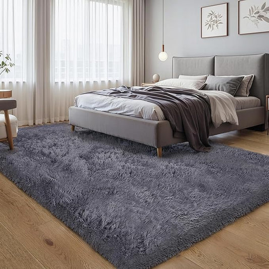 KICHOWUA Thick Area Rug Grey 6x9 Fluffy Shag for Bedroom Living Room, Ultra Soft Plush Fuzzy Washable Thickened Non Slip Floor Large Carpet, Modern Furry Shaggy Rug for Kids Baby Nursery Dorm Room