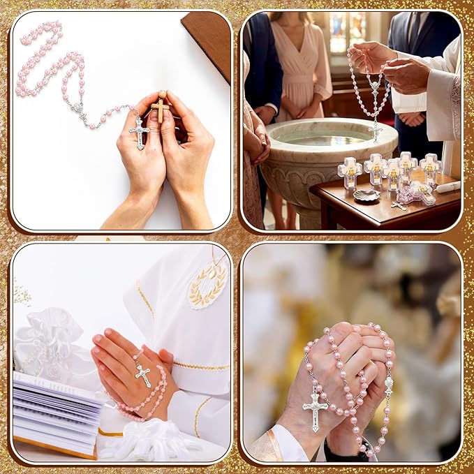 Cunno 12 Set First Holy Communion Bead Rosary Cross Necklace for Baptism First Communion Gifts Scented with Cross Shape Box for Guest Catholic Religious Rosary Baptism Party Primera Comunión (Pink)