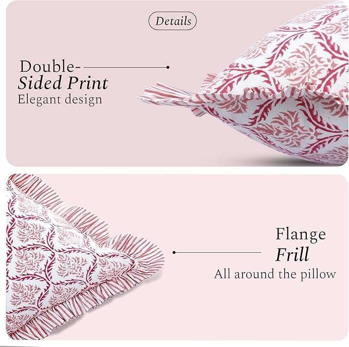 CPC Blush Rose Hand Block Print 100% Cotton Ruffle Throw Pillow Cover 20x20 inch with Hidden Zipper Decorative for Couch, Bed, Sofa, Farmhouse, Cottagecore Decor Gift Christmas Fall Thanksgiving