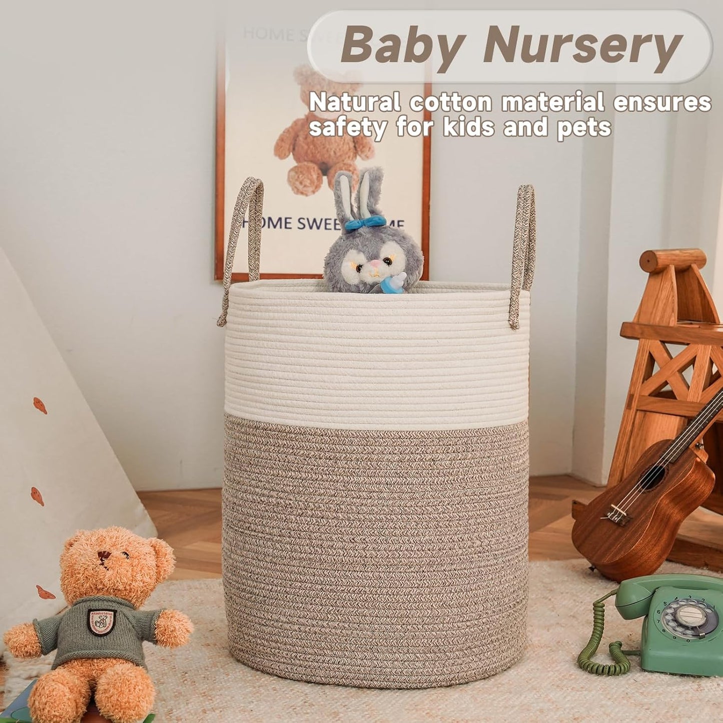 Large Woven Laundry Basket Hamper,60L Cotton Rope Storage Bin for Blankets,Toys and Clothes,Decorative Tall Nursery Hamper for Living Room,Baby Nursery,Bathroom and Bedroom,Brown
