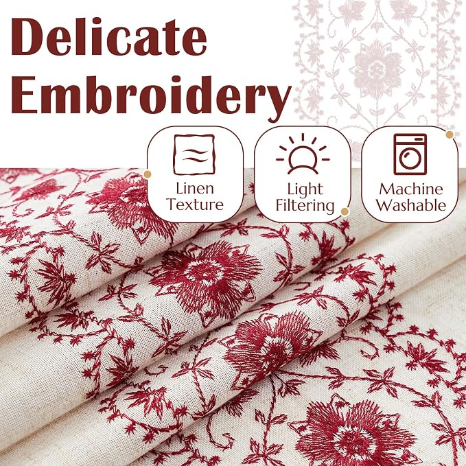 jinchan Boho Curtains for Bedroom Red Vintage Floral Farmhouse Curtains 84 Inches Long Linen Blend Drapes for Living Room Embroidered Light Filtering Drapes Rod Pocket Red on Beige 2 Panels