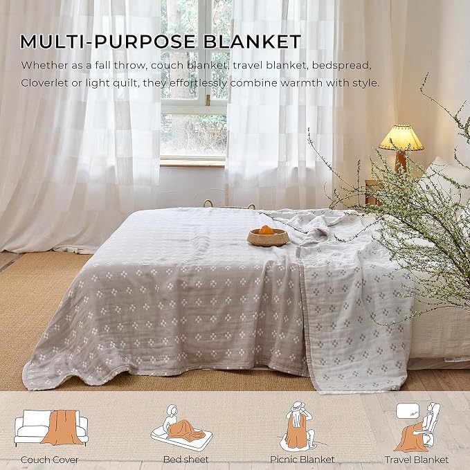 100% Cotton Muslin Blanket, Soft Reversible 4-Layer Gauze Cotton,Checkered Blanket for Couch Twin Size Bedspread Room Decor Pinic Blanket, 60"×80", Grey/Off White