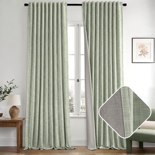 MIULEE Sage Green 100% Blackout Linen Curtains 90 Inch 2 Panels Set Double Sided No Coating Pleated Back Tab Black Out Long Thermal Insulated Pinch Pleat Bedroom Living Room Darkening Window Drapes