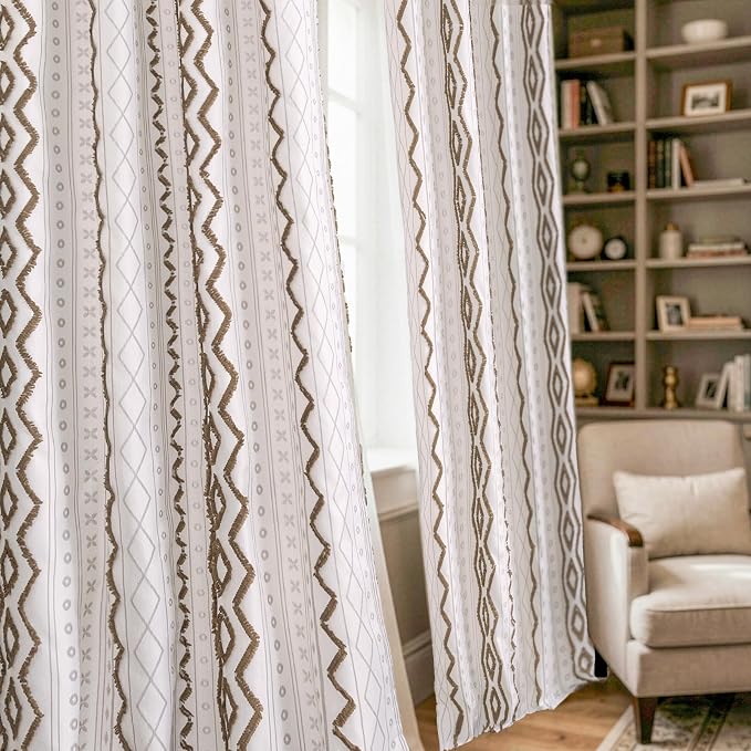 BGment Taupe Boho Curtains with Tufted Pom Stripe, Jacquard Linen Geometric Pattern Grommet Drapes for Bedroom Living Room Light Filtering, 52 X 84 Inch, 2 Panels
