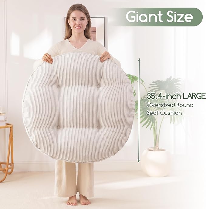 HIGOGOGO 35" Floor Pillow Cushion for Adults, Meditation Cushion Pillow, Extra Large Square Floor Sitting, Tufted Corduroy Cover for Tatami Living Room or Yoga, Beige