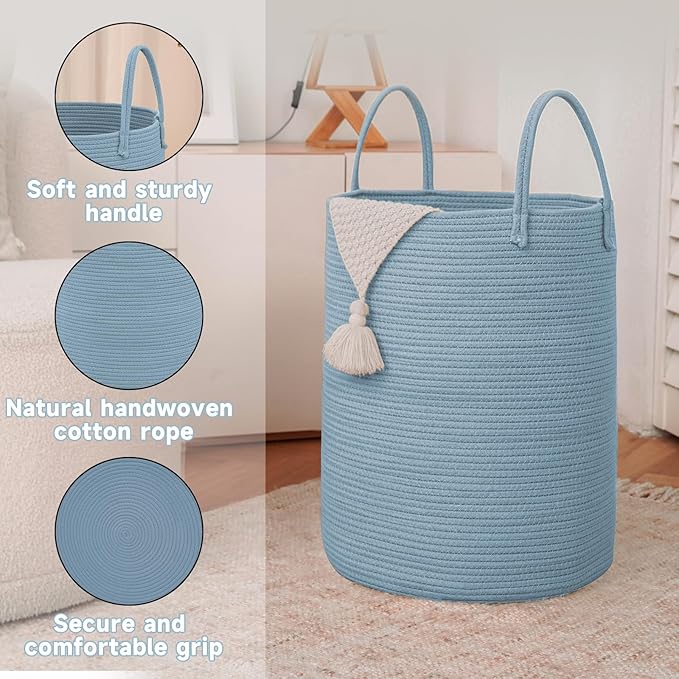 JMvicyroam Large Woven Laundry Basket Hamper,80L Cotton Rope Storage Bin for Blankets,Toys and Clothes,Decorative Tall Nursery Hamper for Living Room,Baby Nursery,Bathroom and Bedroom,Blue
