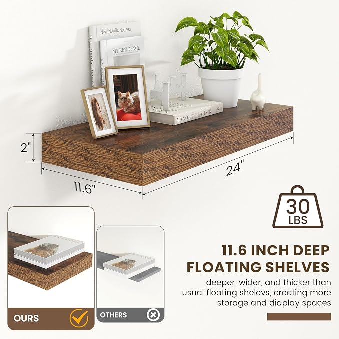 FLYJOE 24'' Brown Floating Shelves, 12 Inch Deep Shelves for Wall Set of 1 | 24'' x 12'' Rustic Brown Wood Shelves for Framhouse Living Room Bathroom Kitchen Laundry Room