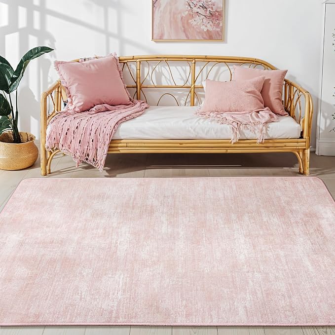 3x5 Washable Area Rug, Pink Solid Area Rugs for Living Room & Bedroom | Stain-resistant & Non-slip backing,Low Pile Washable Large Carpet, Solid Vintage Style For High Traffic Areas(3x5,Pink)