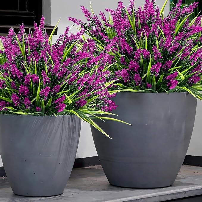 Geegoods Artificial Plants Flowers Outdoor – 24 Bundles UV Resistant Faux Lavender Flowers with Monkey Grass for Garden Porch Window Patio Hanging Planter Decor