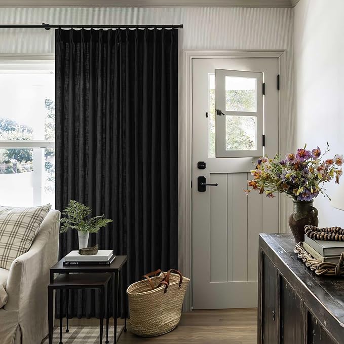 Extra Wide Curtains 90 Inches Long 60 Inch Width for Living Room Bedroom Light Filtering Semi Sheer Farmhouse Pleated Curtain Hooks Rings for Patio Sliding Door Large Window Black 1 Panel W70xL90