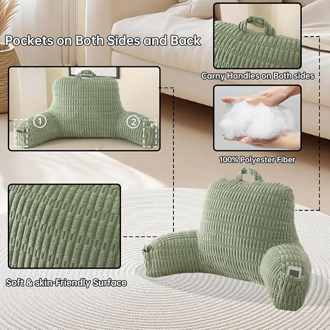 Reading Pillow for Sitting in Bed with Arm,Green Corduroy,M | Sitting Pillow for Teens Back Support,17" Backrest Pillow Supports Reading,Gaming & Relaxing in Bed,Couch,Floor