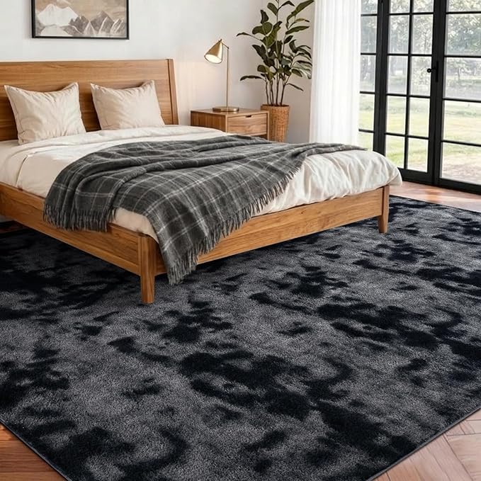 FinRèc 6x9 Washable Area Rugs for Bedroom Living Room, Low Pile Thin Ultra Soft Shag Rug, Non-Slip Carpet Indoor for Home Decor (Tie-dye Dark Grey)