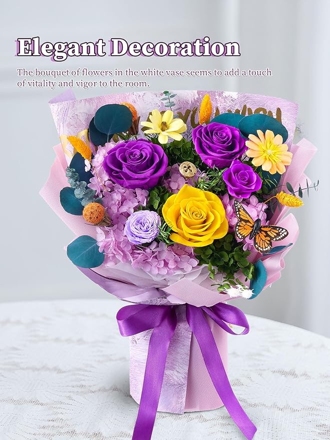 Flowers for Delivery Prime Forever Flowers Preserved Roses Bouquets Purple Flower Birthday Gifts for Women Valentine's Day Mothers Day Graduation