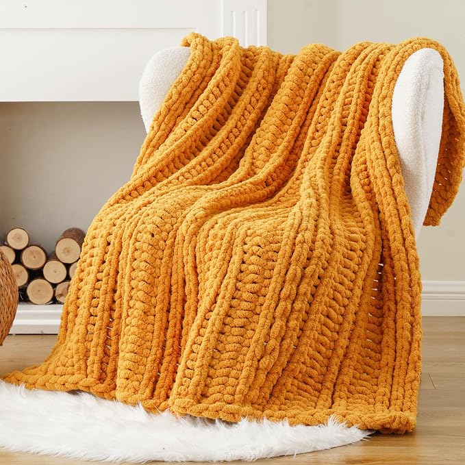 Battilo Chunky Knit Throw Blanket for Couch, Bed, 50"x60"，Mustard Yellow | Hand Knit, BohoThrow Blanket, Fall Decorative Throw, Cozy Warm Thick Soft Chenille Throw Blanket for Living Room