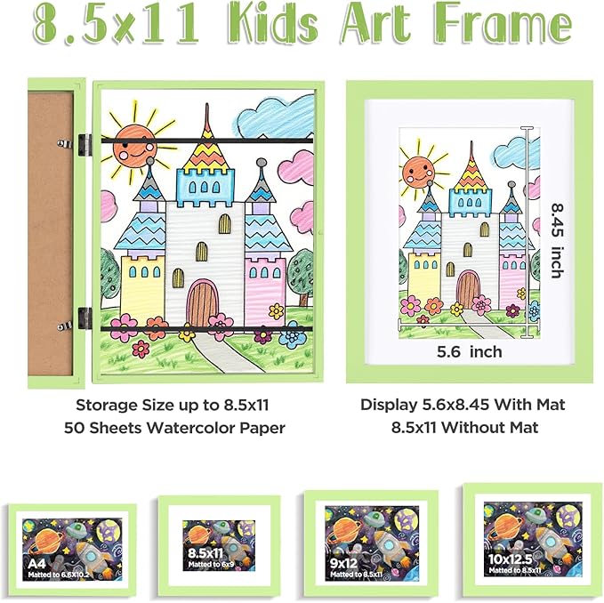 KINLINK 8.5x11 Kids Art Frame Set of 2, Solid Wood Kids Artwork Frames Changeable with Front Opening Hold 150 Pictures, Art Frames for Kids Art with Mat，without Mat 8.5x11 Picture Frame Light Green