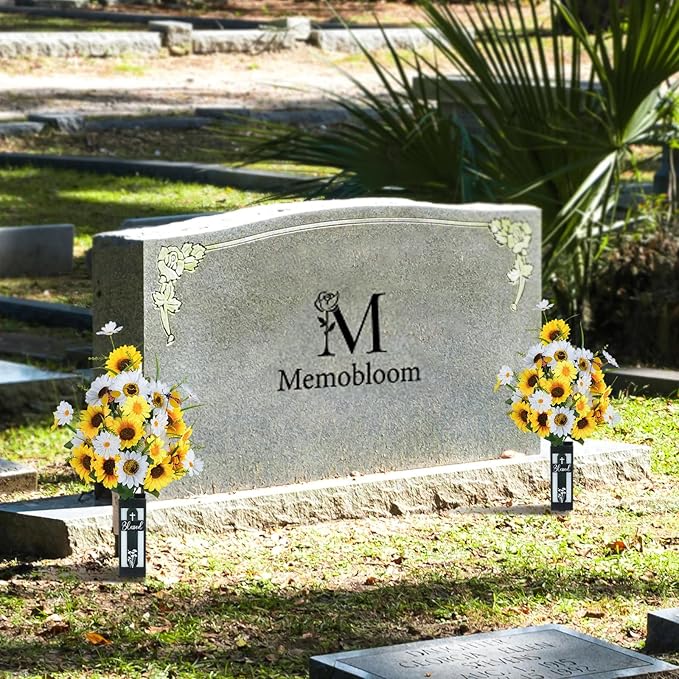 Artificial Cemetery Flowers for Grave: 2 Pcs Yellow White Sunflower Grave Flower Bouquets for Cemetery Decorations - Spring Outdoor Gravesite Flowers with Vase