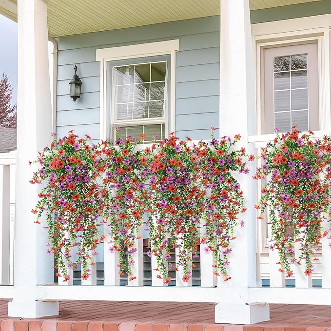 Artificial Hanging Flowers Plants for Outdoor Spring Summer Decoration,2 PCS Faux Silk Daisy with Eucalyptus Leaves,UV Resistant Look Real for Outside Home Planter Porch Patio Balcony Yard Decor