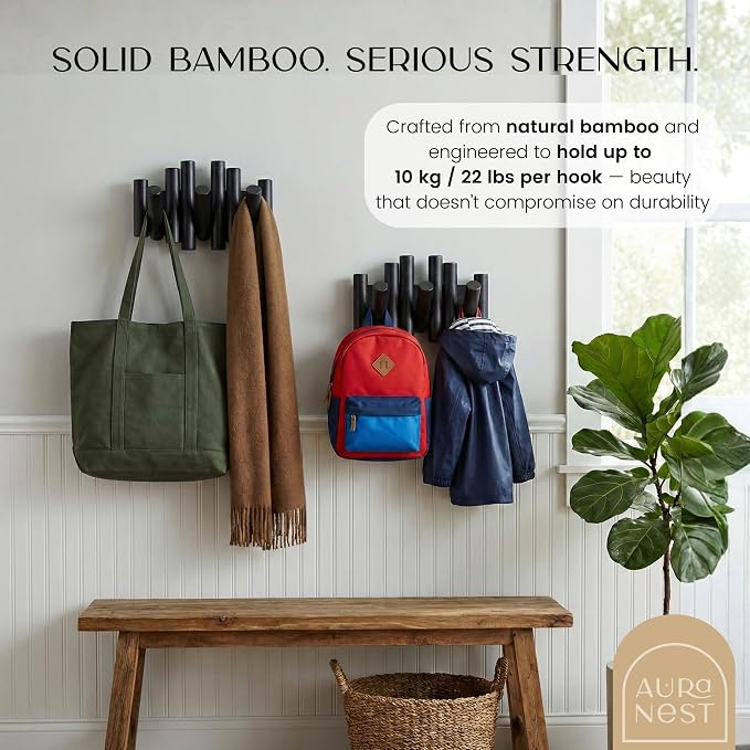 Bamboo Piano Coat Rack Wall Mount Set of 2, Flip Down Retractable Wooden Hooks for Entryway Hallway Mudroom | Matte Black Multi Hook Wall Hanger, 2-Pack 3 Hooks Organizer