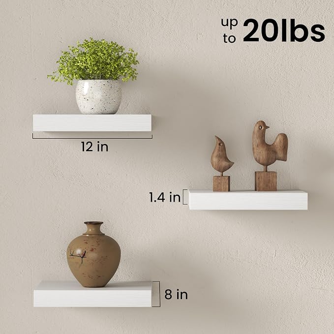 Fun Memories 12 Inch Floating Shelves for Wall Set of 3, Wood Grain Bathroom Shelves with Invisible Brackets, Easy Install Wood Storage Shelves for Kitchen, Living Room, Bedroom, White