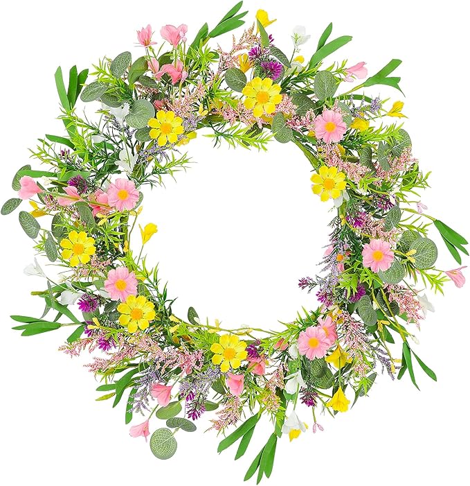 2Pcs 20 Inch Artificial Spring Wreath Handmade Wildflower Daisy Lavender Wreath Colorful Spring Wreath for Front Door Home Wall Porch Farmhouse