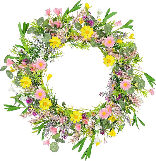 2Pcs 20 Inch Artificial Spring Wreath Handmade Wildflower Daisy Lavender Wreath Colorful Spring Wreath for Front Door Home Wall Porch Farmhouse