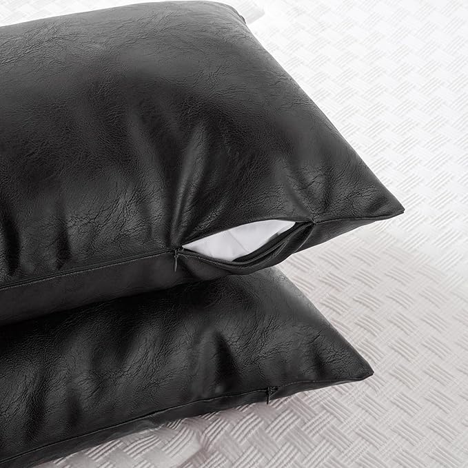 Fancy Homi Black Boho Long Lumbar Faux Leather Body Decorative Throw Pillow Cover 14x40 Inch for Bedroom Couch Bed Sofa Bench, Thick Stylish Solid Pillowcase, Rustic Modern Farmhouse Room Decor