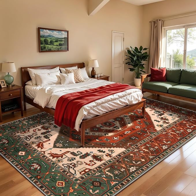 SERISSA Washable Rugs 8x10 Area Rugs, Large Non-Slip Boho Living Room Rug, Ultra Soft Oriental Vintage Terracotta Green Print Distressed Carpet for Dining Room Bedroom Dorm Office Home Decor