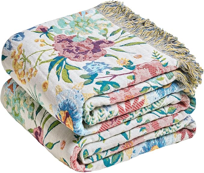 MSGKV Boho Throw Blanket 50"x60" Couch Floral 100% Cotton Blanket Summer Breathable Lightweight Farmhouse Blankets for Sofa Home Decor Muslin Guaze All Seasons