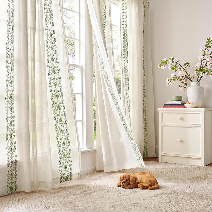 jinchan Weslie Boho Curtains for Bedroom 4 Panel Set Sage Green Vintage Floral Farmhouse Curtains 84 Inches Long Linen Drapes for Living Room Embroidered Light Filtering Drapes Sage on Beige