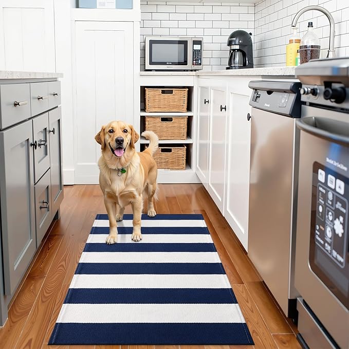 OLANLY Navy and White Striped Rug 2'4" x 3'7" (27.5" x 43") – Washable Cotton Indoor Outdoor Doormat for Front Door, Entryway, Kitchen, Porch, Patio Decor