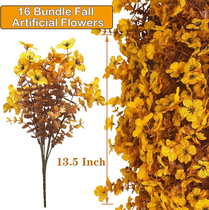 Grunyia 16 Bundles Artificial Fall Mums Outdoor UV Resistant, Fake Silk Plants No Fade Faux Greenery for Garden Porch Patio - Autumn Thanksgiving Christmas Home Decor (Fall Yellow)