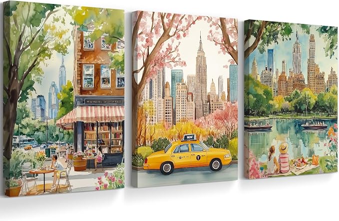 SYYANKK Watercolor New York City Wall Art NYC Canvas Wall Decor NYC Painting New York Landmarks Poster Travel Wall Art Central Park Artwork for Bedroom Living Room 16x24x3 Inch Ready to Hang