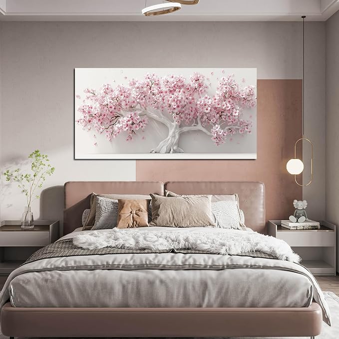 AOZEMI White Wall Art for Living Room Bedroom Home Office Pink Wall Decor Large Tree Pictures Art Flower Artwork Modern Floral Canvas 29"x 59"
