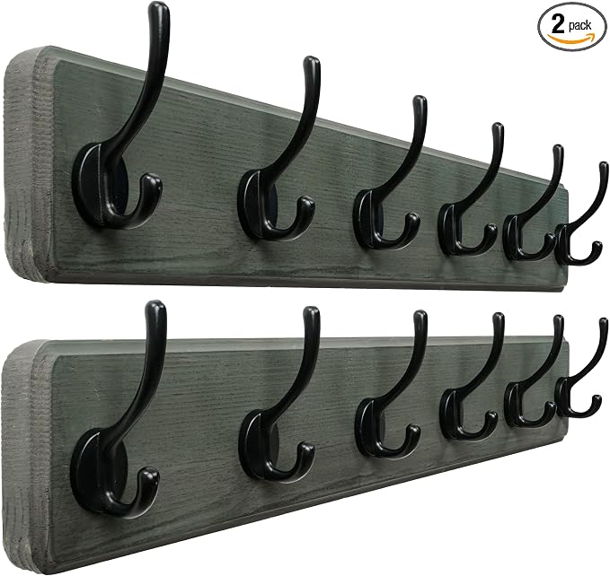 Dseap Coat Rack Wall: 24" Long, Patented, Heavy-Duty, 6-Double-Hooks Wooden Wall Mounted Coat Rack Coat Hanger Hook Rail for Winter Coats Hat Jacket Clothing, Weathered Green, Pack of 2
