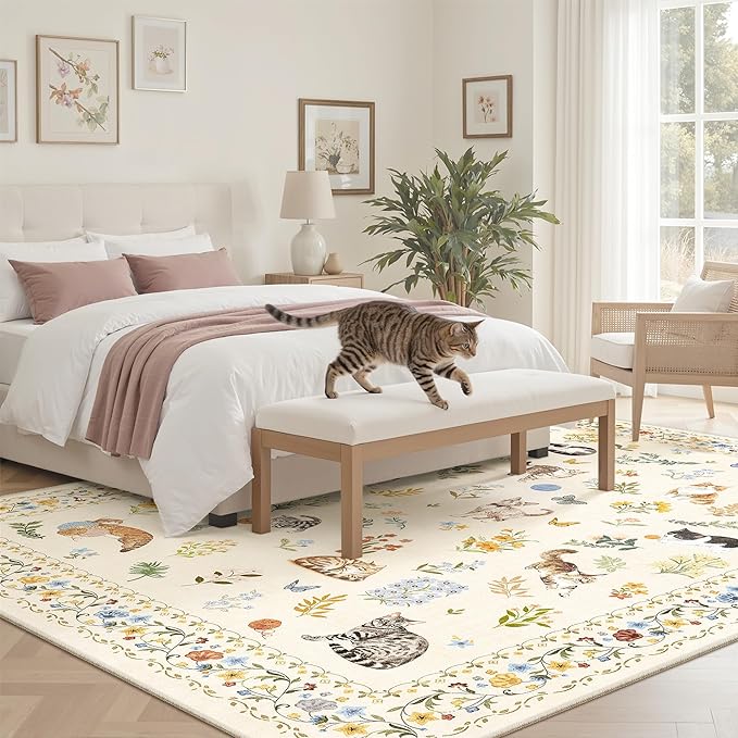 Soalmost Cat 5x7 Area Rugs for Living Room, Machine Washable Animal Floral Vintage Rug Non-Slip Low Pile Soft Throw Rugs for Kitchen Dining Room Bedroom Nursery Playroom (5 x 7,Beige)