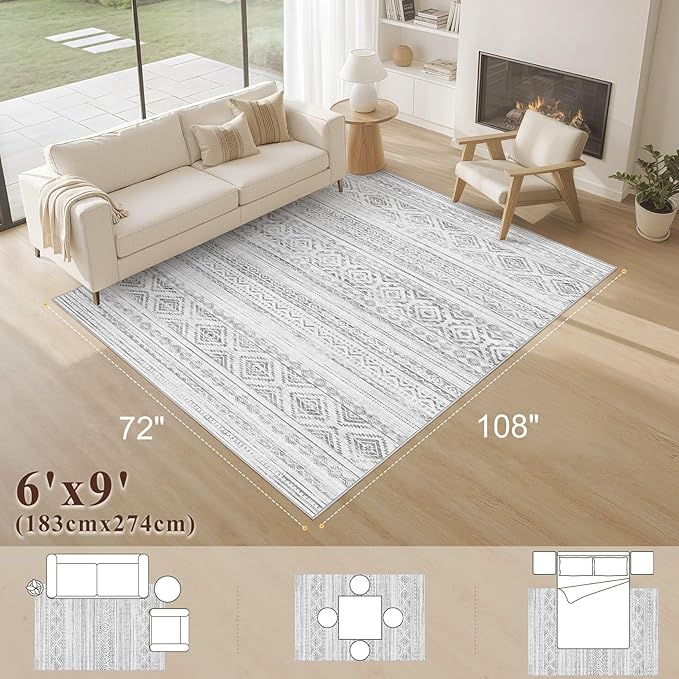 cotiled 6x9 Area Rug Living Room: Washable Boho Rugs with Non Slip Backing Large Soft Indoor Stain Resistant Carpet for Bedroom Farmhouse Dining Room Lightweight Home Decor Light Grey