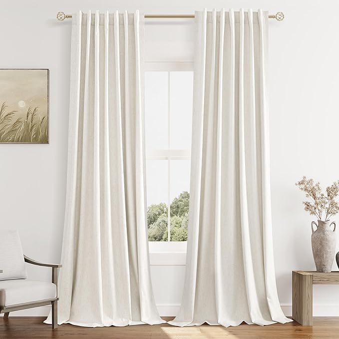 Beige White 100% Blackout Linen Curtains 96 Inch Length 2 Panels Set for Living Room Bedroom Back Tab Thermal Insulated Black Out Drapes Room Darkening Farmhouse Style for Bedroom Window Curtains