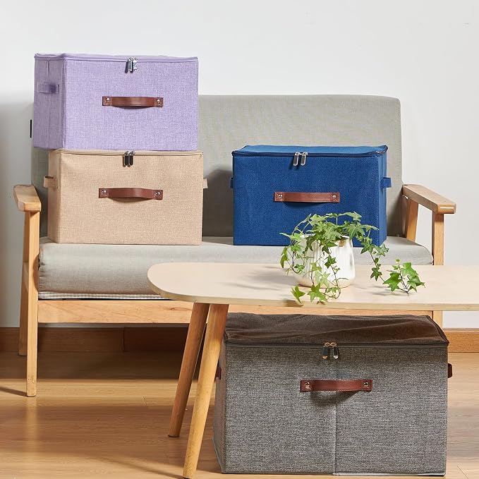 2 Pack Storage Bins with Zipper Lid Cotton Linen Fabric Lidded Storage Baskets Boxes Foldable Washable Closet Shelf Clothes Organizer Container with PU Leather Handles (Deep Blue, Small)