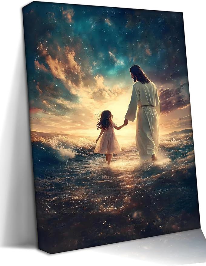 Eysintum Framed Jesus Wall Art Canvas Print Christian Faith Poster with Jesus and Girl Inspirational Home Decor for Kids Room Nursery Living Room 16x24in Ready to Hang