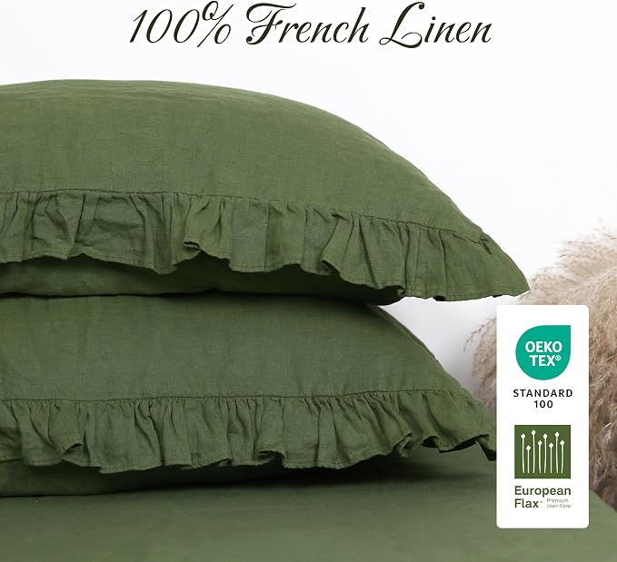Linen Ruffled Pillow Cases,100% French Natural Linen Pillowcase Set of 2,Decorative Boho Pillow Cases Ruffle Bedding King Size (20''x40''),Olive Green