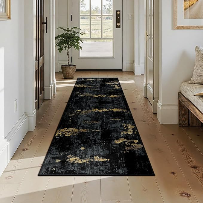 RELEANY Washable Area Rugs 2x7 Non-Slip Modern Abstract Soft for Living Room Entryway Bedroom Nursery, Print Pattern, Dark Black Gold