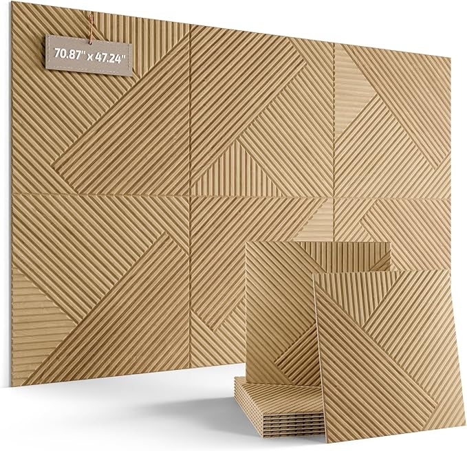 Fluxynara Large Felt Bulletin Board,Cork Board Alternative 70.87'' x 47.24'' Art Acoustical Wall Panels-6 Pack with 60 Adhesive Tabs,for Recording Studio/Home Offices-Natural Oak/Diamond Chevron