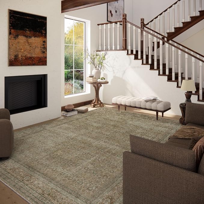 Washable Area Rugs for Living Room: 9x12 Bedroom Rug Boho Vintage Rugs Stain Resistant Non Slip Low Pile Lightweight Soft Carpets for Dining Room Kitchen Nursery Kids Room Farmhouse Living Room