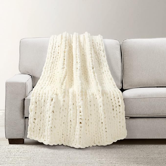 Lush Decor Hygge Ultra Soft Cozy Chenille Chunky Knit Throw Blanket Single 40" W x 50" L Ivory - Cream Throw Blankets for Bed - Cozy Couch Blanket