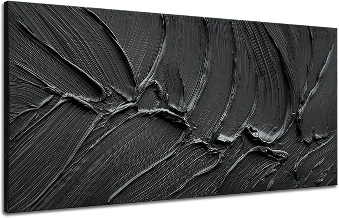 zoinart Hand Painted Thick Texture Black Minimalist Oil Painting Modern Contemporary Art 24x48 Inches Oil on Canvas Abstract Black Textured Wall Art Home Decoration