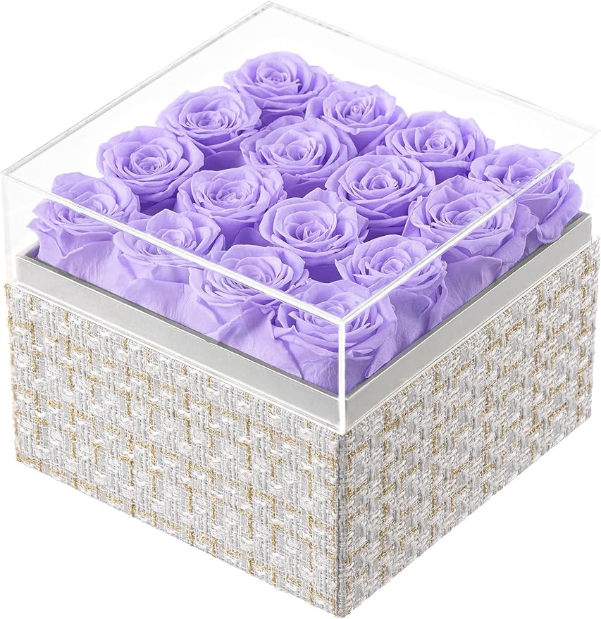 Eterfield Forever Flowers Preserved Roses Real Roses that Last Over a Year Rose Box Gifts for Her Mothers Day Valentines Day Christmas (Square Gold White Plaid Box, 16 Light Purple Roses)