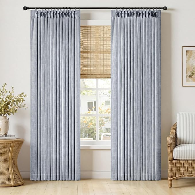 MIULEE Pinch Pleated Thick Linen Curtains 84 Inches Long 2 Panels for Living Room Bedroom, Linen Textured Memory Trained Drapes Pleat Back Tab Light Filtering Light Blue Window Curtains with Hooks