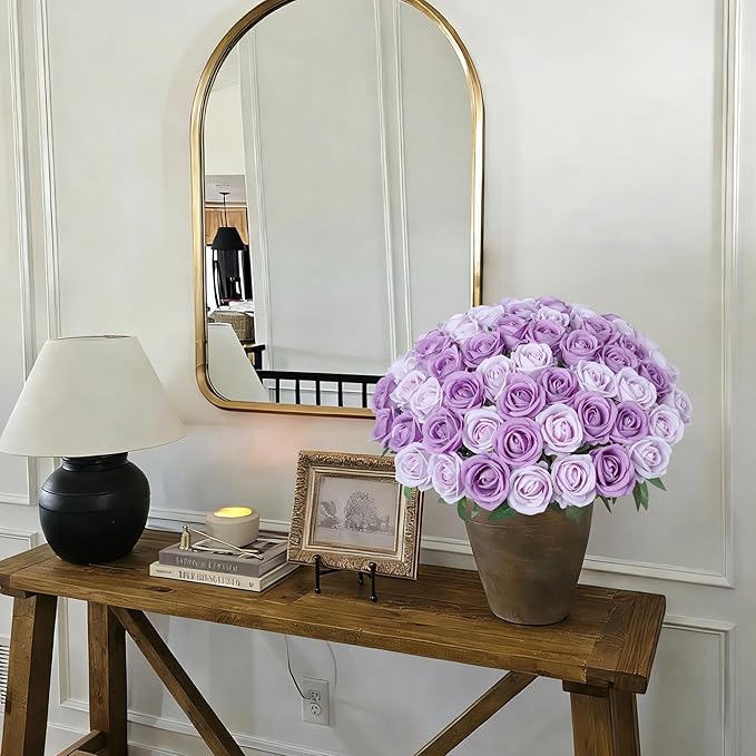50 PCS Purple Roses Artificial Flowers, Fake Roses with Stem Realistic Silk Roses for DIY Wedding Bouquets Table Centerpieces Arrangements Baby Shower Birthday Home Decor Valentine's Day Gift for Her